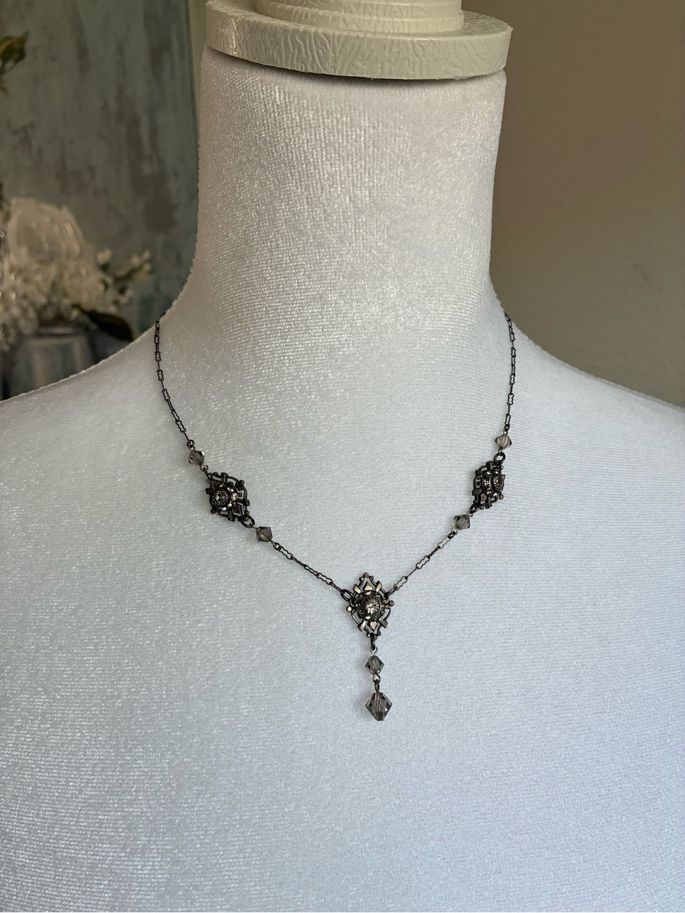Vintage  Silver Filigree Drop Necklace - Gray Crystal Accents